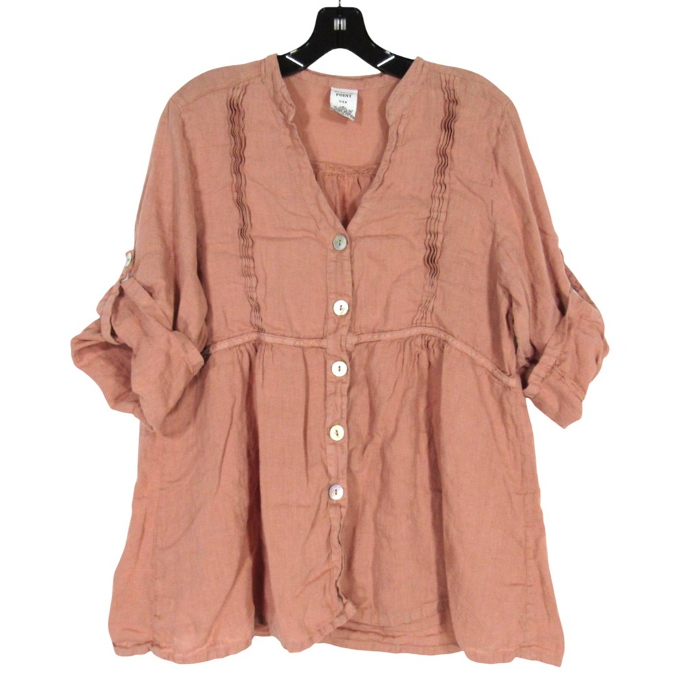 MATCH POINT Light Brown LINEN Lagenlook BUTTON-UP Pleated BABYDOLL BLOUSE/TOP L